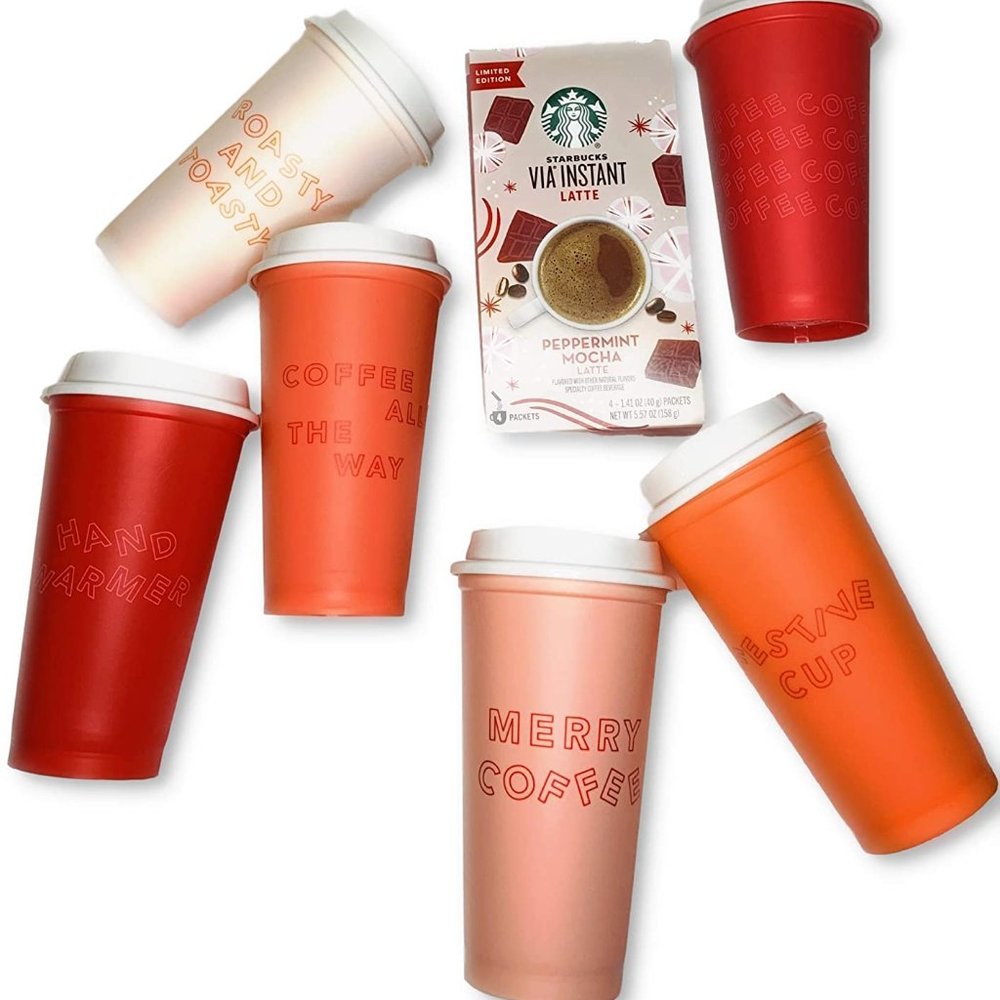 STARBUCKS Limited Edition Reusable 6 Hot Cups +Via